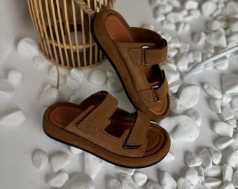 Minimalist Suede Sandals, Handcrafted Genuine Leather Slides, Comfortable Summer Footwear, Slip-on Beach Shoes, Made in Ukraine