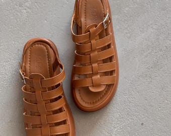 Leather Gladiator Sandals, Womens Comfortable Platform Summer Shoes, Handmade Genuine Leather Fisherman Sandals with Buckle, Casual Footwear