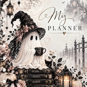 May include: A planner cover featuring a ghost wearing a black witch hat and holding a mug, sitting on a stack of books labeled Plans, Goals, Habits, and Happier Me. The scene includes a black cat, pumpkins, a lantern, and a castle in the background.