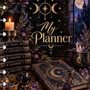 May include: A planner with a black cover featuring gold celestial designs, a tassel, and a pentacle charm. The scene includes a stack of books labeled Magic, Intention, Balance, Manifest, and Self Care, a raven, a candle, a crystal cup, and a moonlit castle.