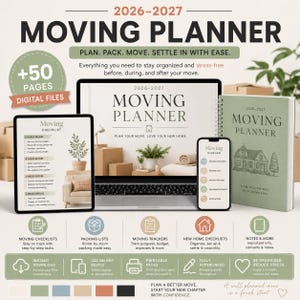 May include: A 2026-2027 moving planner set featuring digital files, a tablet, a smartphone, and a spiral-bound notebook. The sage green and white design includes checklists, packing lists, and trackers to organize a move, with text reading Moving Planner.