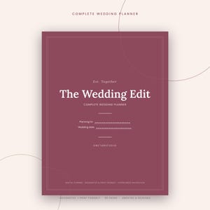 May include: A dark mauve rectangular wedding planner cover featuring white text that reads Complete Wedding Planner, Est. Together, The Wedding Edit, and ONETABSTUDIO. The cover includes lines for planning details, wedding date, and page count.