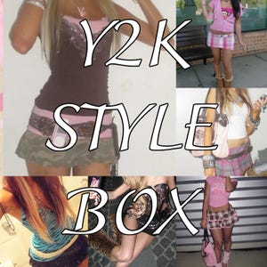 May include: A collection of Y2K style clothing featuring various outfits including a brown tank top with a camouflage mini skirt, a pink zip-up hoodie with a plaid mini skirt, a white tank top with a plaid skirt, and a blue striped tank top.