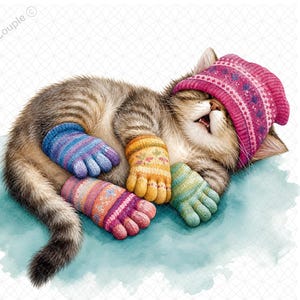 4 mysiga kattungar i strumpor PNG-paket, sovande katt akvarell clipart, vinterdjur sublimeringsdesign, digital nedladdning