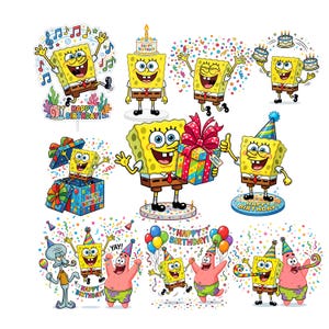Puede incluir: Una colección de ilustraciones de cumpleaños de Bob Esponja con Bob Esponja, Patricio Estrella y Calamardo Tentáculos. Los personajes llevan gorros de fiesta y están rodeados de globos, confeti, regalos y pasteles con el texto Happy Birthday.