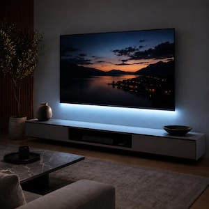 Peut inclure: Un grand téléviseur à écran plat fixé au mur affiche un paysage de coucher de soleil sur un lac. Sous l'écran, un long meuble multimédia blanc à profil bas présente un éclairage d'accentuation LED bleu qui illumine le mur en dessous.