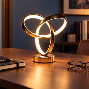 Könnte beinhalten: Eine goldfarbene Tischleuchte mit drei ineinandergreifenden kreisförmigen Ringen, die ein warmes, helles Licht ausstrahlen. Die Lampe verfügt über einen runden Sockel und eine polierte Metalloberfläche, die eine durchgehende leuchtende Struktur bildet.