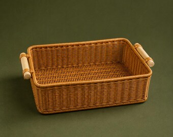 Cestino portaoggetti in rattan intrecciato, organizer da cucina rettangolare, cestino per il pane, vassoio per frutta e snack, contenitore per dispensa, contenitore rustico per l'organizzazione della casa