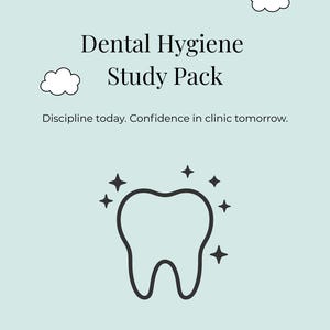 May include: A light blue educational document titled Dental Hygiene Study Pack with the text Discipline today. Confidence in clinic tomorrow. It features a black line drawing of a sparkling tooth, two white cloud outlines, and the text Shiann Collective.
