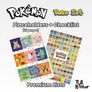 Può includere: Una raccolta di 12 pagine di segnaposto e liste di controllo del Pokémon Base Set con illustrazioni colorate di carte collezionabili come Alakazam, Blastoise e Charizard, un elenco a griglia e il testo Premium Lists.