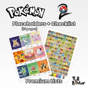 Può includere: Un set di segnaposto e una lista di controllo Pokémon con 15 pagine di illustrazioni colorate. Il documento include il testo Pokémon, Placeholders + Checklist (15 pages) e Premium Lists, mostrando varie creature disposte in griglie.