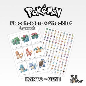 Può includere: Un documento digitale di 17 pagine con segnaposto e una lista di controllo Pokémon. Le pagine mostrano illustrazioni delle creature della 1ª generazione di Kanto, inclusi Bulbasaur, Charmander e Squirtle, con etichette e identificativi numerici.