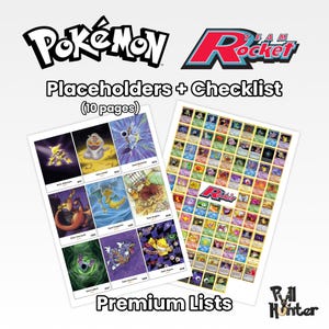 May include: A Pokémon Team Rocket collection set featuring 10 pages of placeholders and a checklist. The pages display various character illustrations with labels and numbers, alongside a grid-style checklist with the Team Rocket logo.