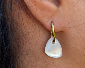 Perlmutt Creolen Gold Silber, Natürliche Perlmutt Ohrringe, Chirurgenstahl Creolen, Edelstahl, Mother of Pearl Hoop Earrings, Surgical Steel