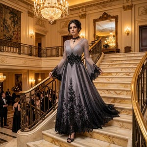 May include: A floor-length gown featuring a grey mesh overlay with intricate black lace embroidery, long flared sleeves, a V-neckline, and a fitted waist. The dress showcases a gradient effect with dense black lace detailing along the hem and bodice.