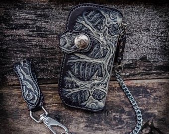 Schädel Leder Brieftasche, Biker Kette Brieftasche, Hand punzierte Leder Brieftasche, Hand geschnitzte Leder Lange Brieftasche.