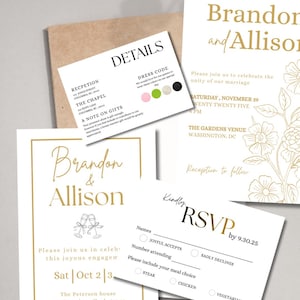 May include: A wedding stationery set featuring white cards with gold text and floral line art. Includes an invitation for Brandon and Allison, a details card with dress code colour circles, and an RSVP card with meal choices and a return date of 9.30.25.