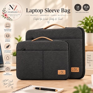 May include: Two charcoal gray laptop sleeve bags with tan handles and zipper closures. Each bag features a rectangular shape, a front zippered pocket, and a tan leather-like patch with the text NZ Creations 65. Available in 14 inch and 15.6 inch sizes.