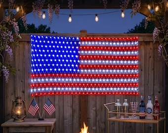 American Flag Net Lights 420 LED, Red White Blue Outdoor String Lights, 4th of July Memorial Day Decor, USA 250th Anniversary