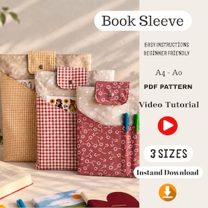 May include: Three fabric book sleeves with snap closures, featuring yellow gingham, red gingham, and red floral patterns. Text includes Book Sleeve, Easy Instructions Beginner Friendly, A4 - A0 PDF Pattern, Video Tutorial, 3 Sizes, and Instant Download.