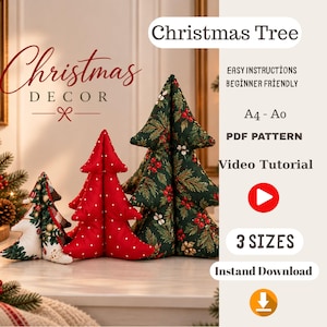 May include: Three fabric Christmas tree decorations in varying sizes. The trees feature red with white polka dots, dark green with holly and berry patterns, and a white base with festive ornaments. Text includes Christmas Tree, PDF Pattern, and 3 Sizes.
