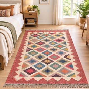 Ręcznie robiony wełniany dywan kilim z juty | Dywan w geometrycznym stylu boho w stylu wiejskim, rustykalny, płasko tkany dywan Dhurrie do salonu, niestandardowe rozmiary