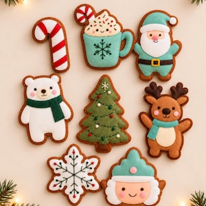 May include: A collection of eight felt Christmas ornaments featuring a candy cane, a mug of cocoa, a Santa Claus, a polar bear with a green scarf, a decorated pine tree, a reindeer with a teal scarf, a snowflake, and a nutcracker.