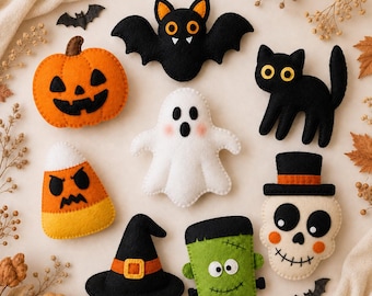 Halloween Felt Ornament Patterns, Cute Spooky Sewing Pattern Bundle, Pumpkin Ghost Bat Cat Witch, Beginner Felt Craft