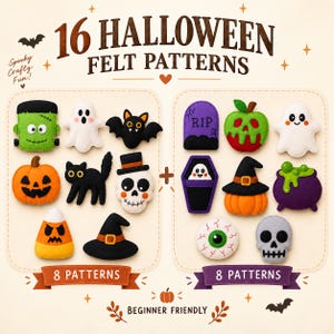 May include: A collection of 16 Halloween felt patterns featuring stitched figures including a green monster, ghosts, bats, a pumpkin, a black cat, a skull, a tombstone, a poison apple, a coffin, a witch hat, a cauldron, an eyeball, and candy corn.