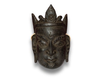 White Tara Wooden Mask | Hand-Carved Tibetan Ritual Decor | 15-Inch Vintage Buddhist Artwork from Nepal