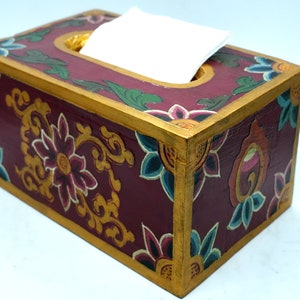 Porta fazzoletti in stile tibetano tradizionale fatto a mano - Elegante custodia in carta velina in legno dal Nepal