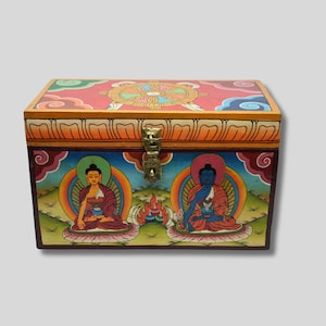 Large Traditional Tibetan Hand-Painted Wooden Jewelry Box with Buddha, Parasol & Conch Shell Designs - Quality Craftsmanship from Nepal