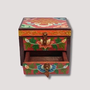 Handmade Tibetan Wooden Jewelry Box: Lotus & Endless Knot Design - Hand-Painted with Thangka Colors