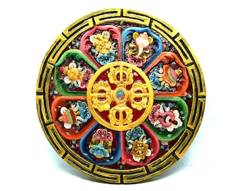 12 Inch Hand-Painted Tibetan Astamangala Wall Hanging - Authentic Artwork Made in Nepal