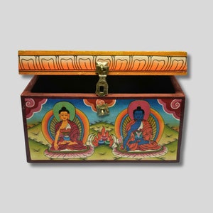 Large Tibetan Hand-Painted Wooden Jewelry Box with Shakyamuni and meditation Buddha & Vajra Designs - Handmade in Nepal