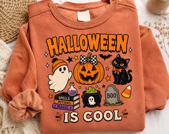 Halloween Is Cool PNG, Cute Halloween PNG, Spooky Ghost Pumpkin Black Cat PNG, Retro Halloween Shirt Design, Fall Png