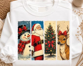 Vintage Christmas PNG, Retro Christmas Sublimation, Santa Snowman Reindeer Christmas Tree PNG, Rustic Holiday Shirt Design, Christmas PNG