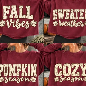 May include: A maroon long-sleeve sweatshirt featuring four distinct graphic designs in cream-colored text with maple leaf accents. The prints display the phrases Fall Vibes, Sweater Weather, Pumpkin Season, and Cozy Season in a distressed font style.