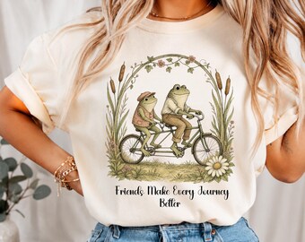 Toad and Frog Friends PNG, Vintage Frog Bicycle PNG, Cottagecore Frog PNG, Friends Make Every Journey Better Png, Woodland Sublimation