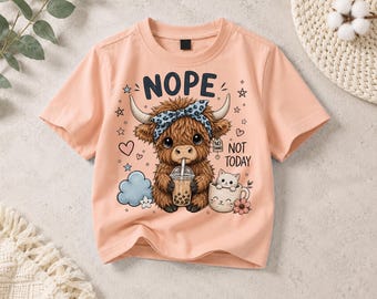 Funny Highland Cow PNG, Nope Not Today PNG, Highland Cow Boba Tea PNG, Sarcastic Highland Cow Png, Western Cow Shirt Design