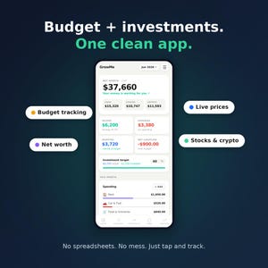 May include: A smartphone screen displaying the GrowMe finance app interface with a net worth of $37,660. The screen shows budget tracking, income, expenses, and investment data. Text includes Budget + investments. One clean app. No spreadsheets. No mess. Just tap and track.