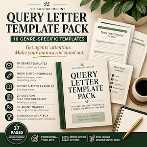 May include: A Query Letter Template Pack featuring 10 genre-specific templates, a 25-question self-edit checklist, and a 30-agent tracker. The set includes printed pages with hook and pitch formulas, submission strategy guides, and a spiral-bound notebook.
