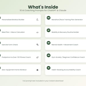 Puede incluir: Una lista digital titulada What's Inside 10 AI Coaching Prompts for ChatGPT & Claude, que presenta diez cajas rectangulares blancas numeradas con texto e iconos en verde oscuro, incluyendo temas como Personalized Workout Builder.