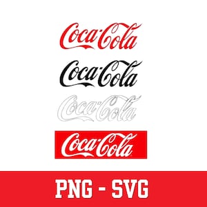 Może przedstawiać: Cztery warianty logo Coca-Cola są wyświetlane pionowo. Pierwszy jest czerwony, drugi czarny, trzeci to biały kontur, a czwarty to biały tekst na czerwonym prostokątnym tle. Na dole znajduje się napis PNG - SVG.