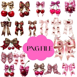 May include: A collection of digital illustrations featuring various bows and cherries. The designs include leopard print, pink glitter, and striped ribbons paired with red cherries, some with dripping effects, and a large pink cloud with PNG FILE text.