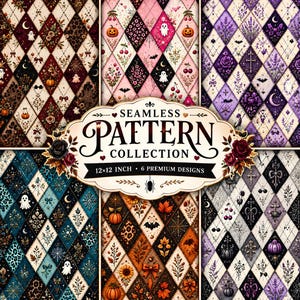 Halloween Argyle Seamless Pattern Bundle | 6 Fall Quilt Pattern Pack | Spooky Patchwork Digital Paper | Gothic Halloween 12x12 Paper