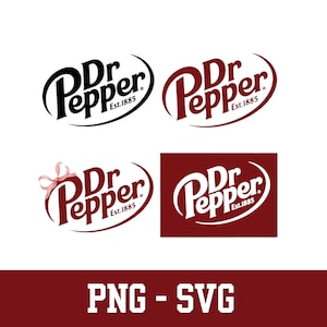 May include: Four variations of the Dr Pepper logo featuring the text Dr Pepper Est. 1885. One logo is black, one is maroon, one is maroon with a small pink bow attached to the letter D, and one is white on a maroon rectangular background.