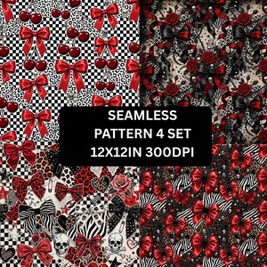 May include: A digital seamless pattern set featuring four distinct designs with red bows, cherries, roses, skulls, and animal prints. The image includes a black rectangular overlay with the white text SEAMLESS PATTERN 4 SET 12X12IN 300DPI.