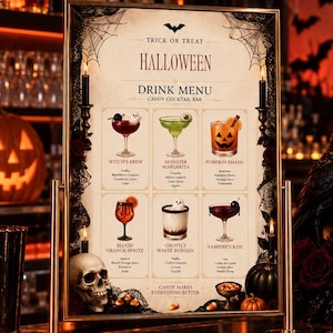 May include: A rectangular Halloween drink menu sign in a gold frame, featuring illustrations of six cocktails: Witch's Brew, Monster Margarita, Pumpkin Smash, Blood Orange Spritz, Ghostly White Russian, and Vampire's Kiss, with text detailing ingredients.