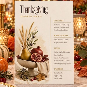 May include: A Thanksgiving dinner menu card featuring a watercolor illustration of a bowl filled with a pear, a whole pomegranate, and a halved pomegranate, accented by wheat stalks and leaves. The text lists starters, main course, sides, and dessert.